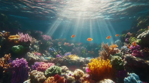 Sunlit Coral Reef with Orange Fish