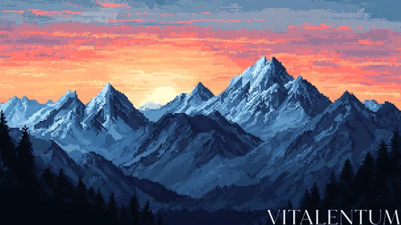 AI ART Mountain Range Pixel Art Sunset