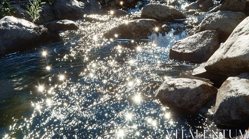 Glistening Water over Rocks in a Sunlit Stream AI Image