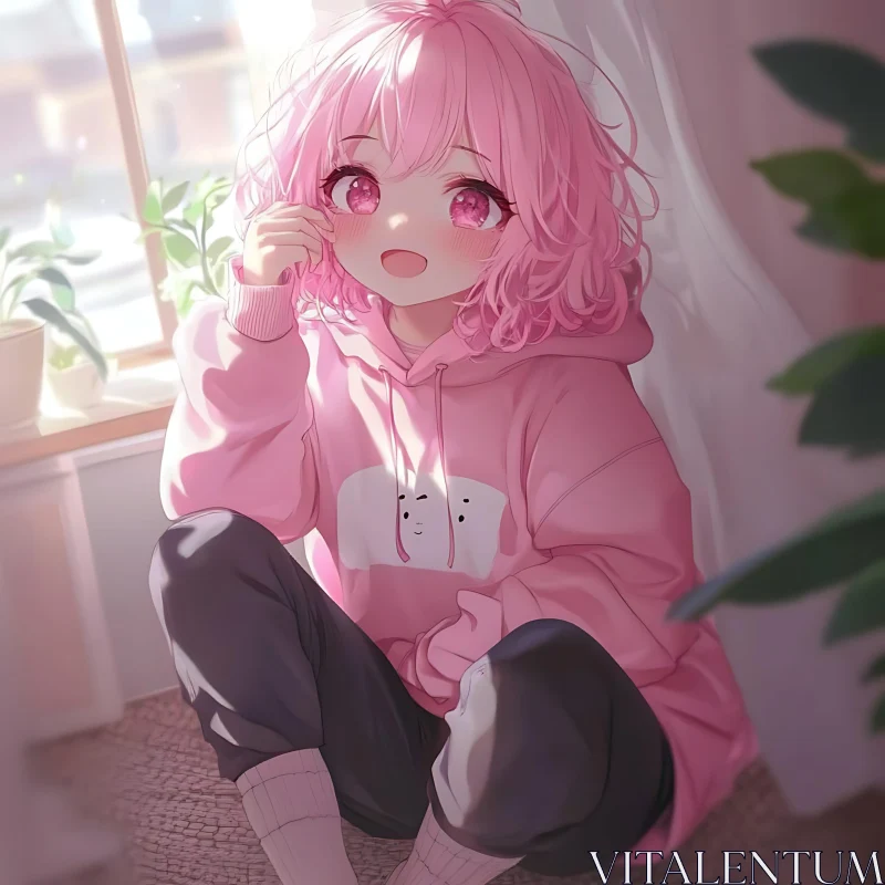 Adorable Pink-Haired Anime Girl in Cozy Room AI Image