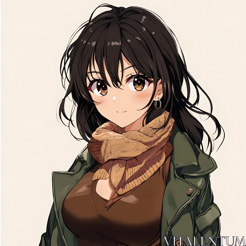 Anime Girl in Green Jacket and Beige Scarf AI Image