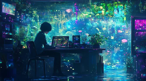 Cyberpunk Coder in Neon Cityscape