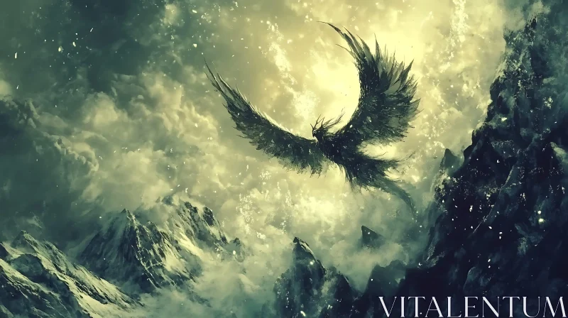 Majestic Bird Flight Over Snowy Mountains AI Image