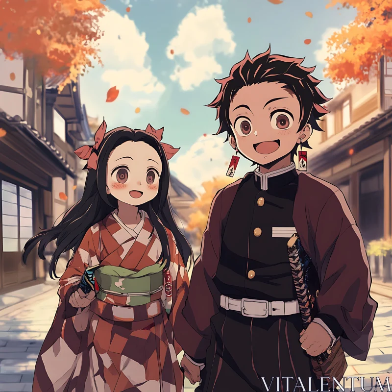 Anime Brother and Sister in Traditional Clothing AI Image