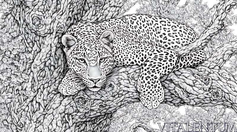 Resting Leopard in Tree Illustration AI Image