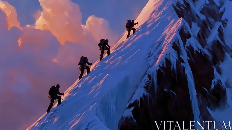 Climbers on Snowy Peak at Sunset AI Image