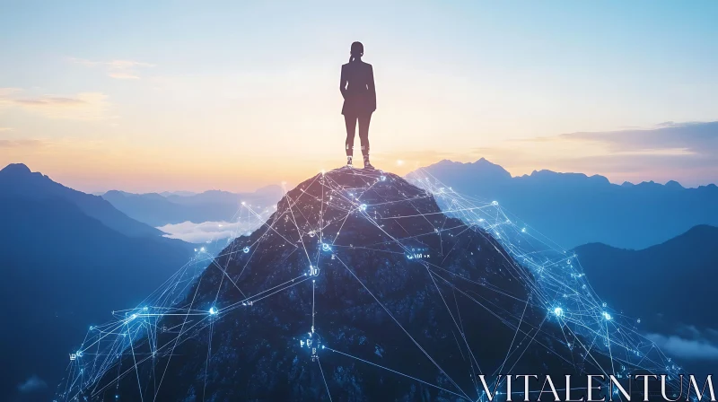 AI ART Woman Silhouette on Mountain with Network