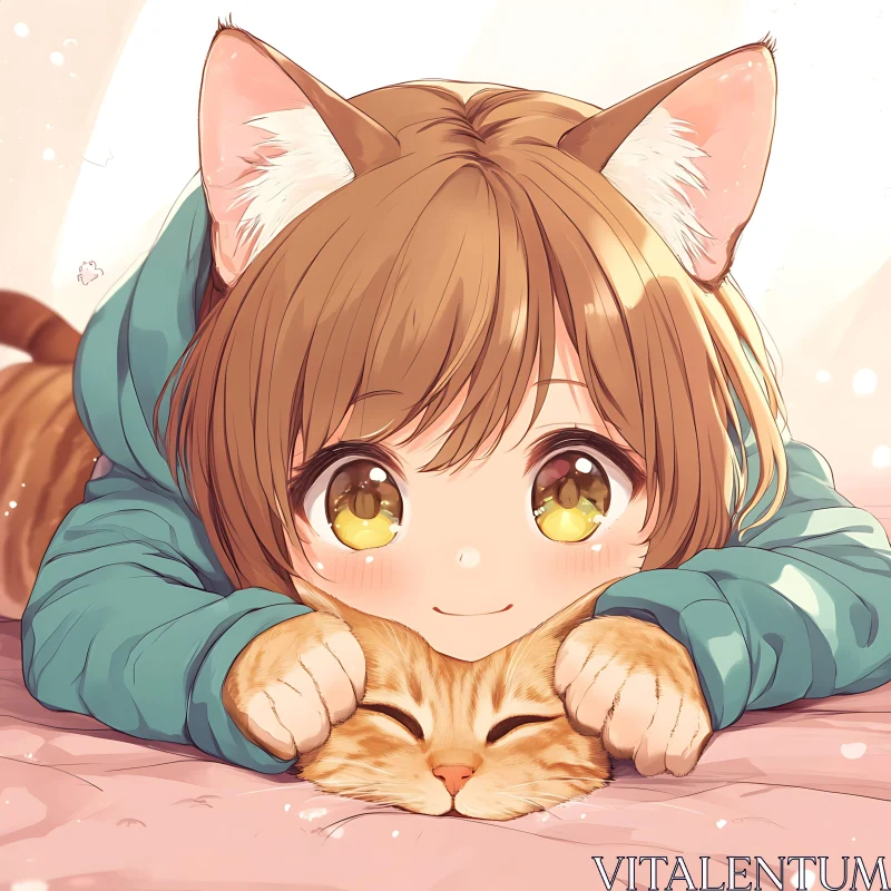 Cute Anime Girl Hugging a Cat AI Image