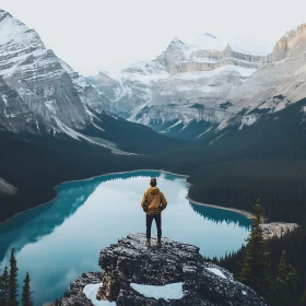 Person Gazing at Mountain Lake Landscape