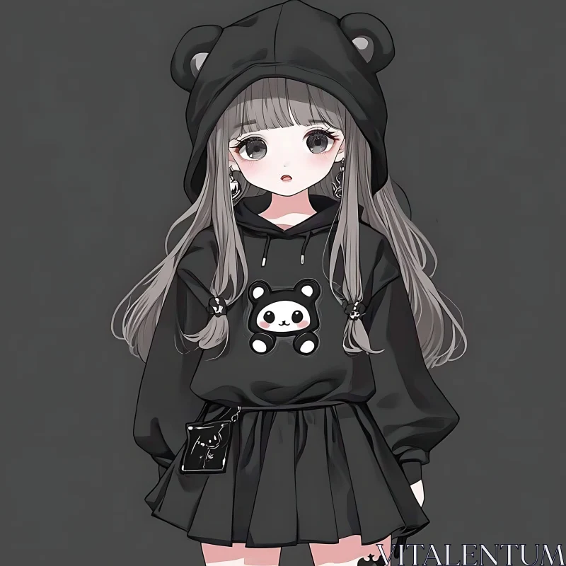 Adorable Anime Girl Wearing Bear-Themed Hoodie and Skirt AI Image