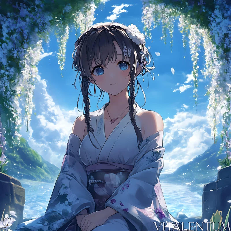 Tranquil Anime Scene with Floral Beauty AI Image