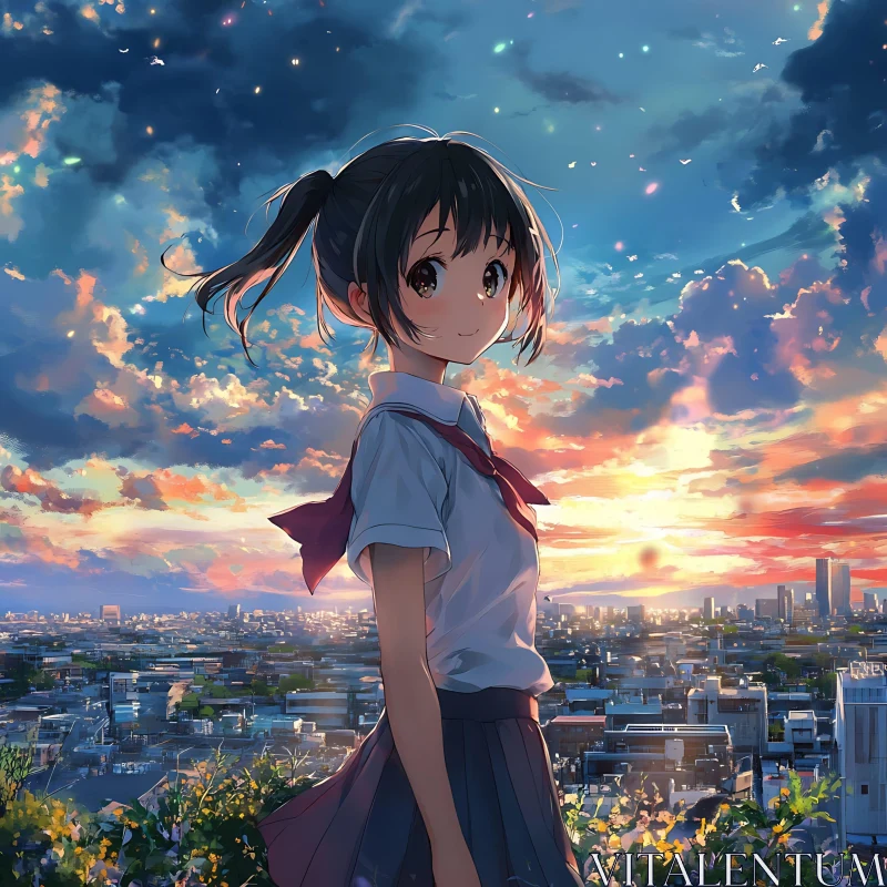 Sunset Stroll - Anime Girl in the City AI Image