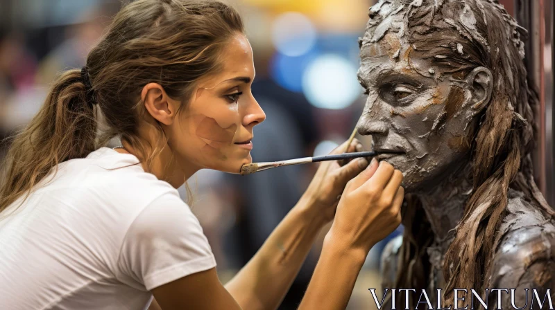 Crafting Art: Woman Painting Lifelike Bronze Statue AI Image