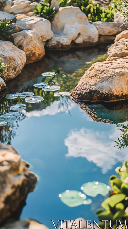 Serene Rock-Edged Pond with Floating Water Lilies AI Image