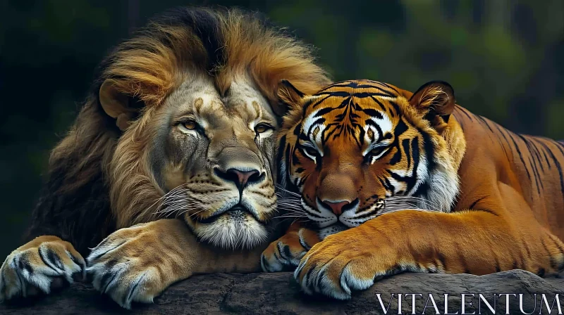 Majestic Lion and Tiger Companionship AI Image