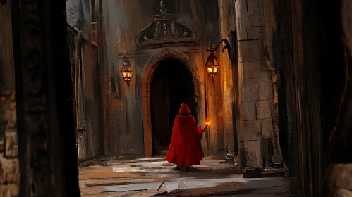 Figure with Red Cloak in Alley