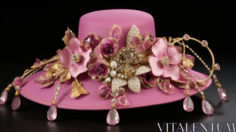 Elegant Pink Hat with Gold Flower Ornaments - Classic Hollywood Glamour AI Image