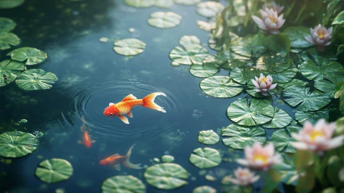 Peaceful Pond Scene with Lily Pads and Goldfish