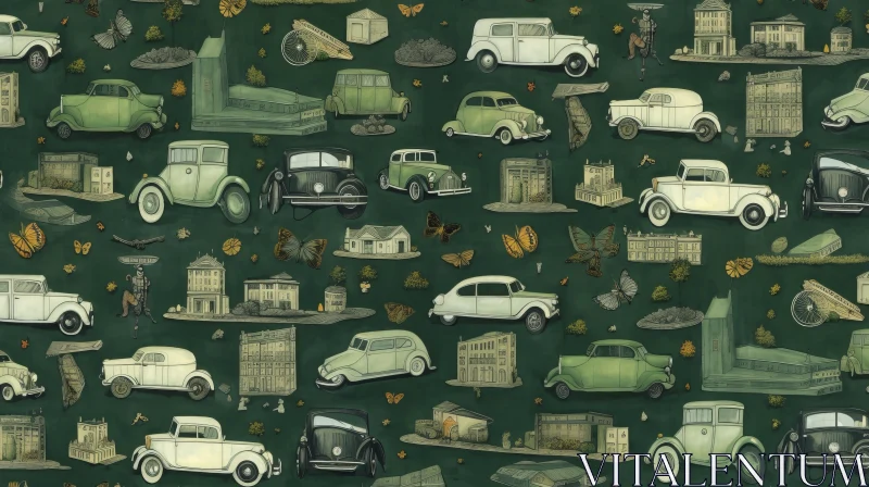 Green Fabric with Vintage Cars and Old Buildings Artwork AI Image