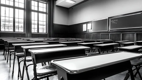 Empty Classroom with Rows of Desks