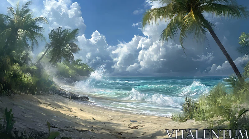 AI ART Seaside Paradise: Waves and Palm Trees