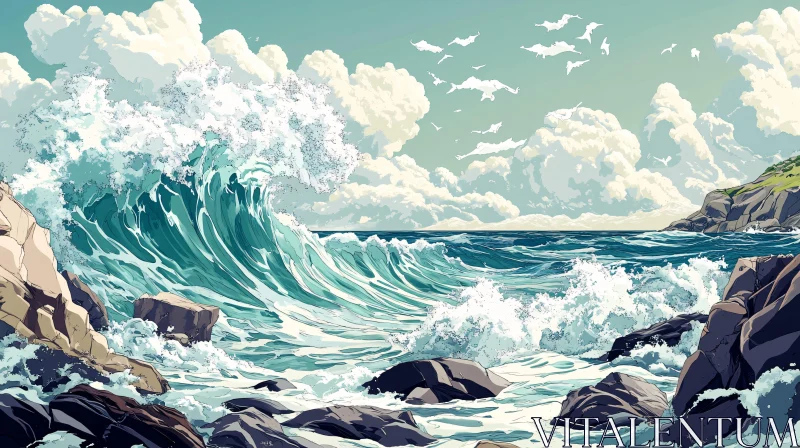 AI ART Coastal Wave Scene with Cloudy Sky