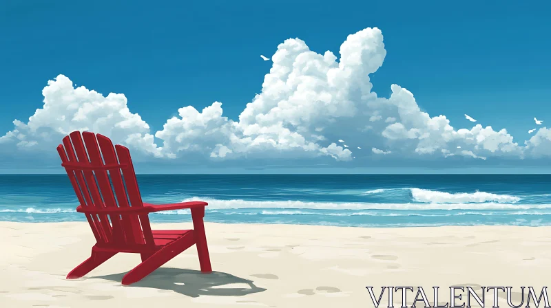 AI ART Seaside Relaxation: Red Chair by the Ocean