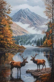 Autumnal Wilderness with Deer and Mountain Lake