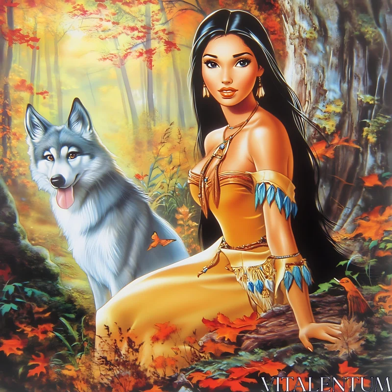 Forest Scene with Woman and Wolf AI Image