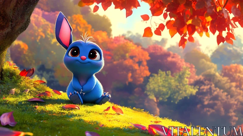 Whimsical Blue Rabbit Autumn Scene AI Image