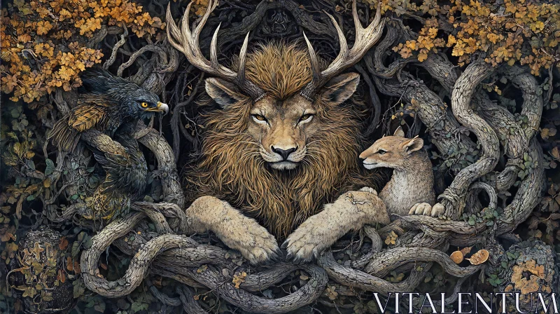 Mystical Forest Guardian with Lion and Friends AI Image