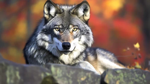 Resting Wolf in Fall Landscape