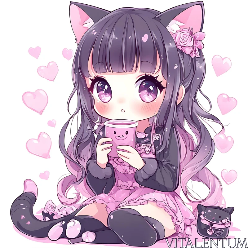 Adorable Chibi Anime Girl with Cat Features AI Image