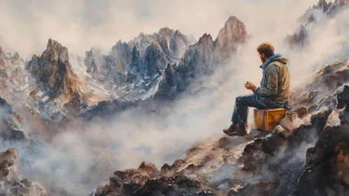 Solitary Explorer in Misty Mountains