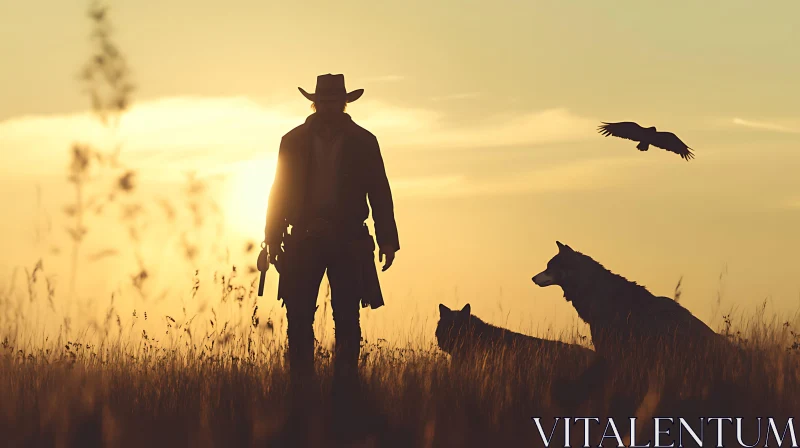 Lone Cowboy and Wolves in Golden Sunset AI Image