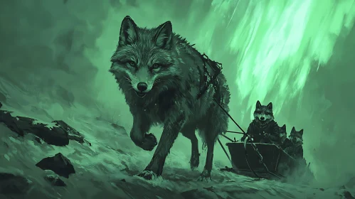 Greenish Winter Wolves Sledding Art