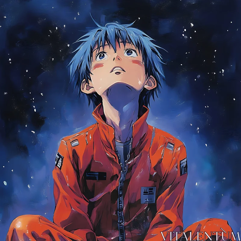 Contemplative Manga Character Under Star-Filled Sky AI Image