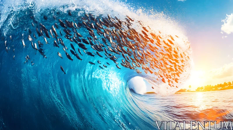 Wave and Fish at Sunset AI Image