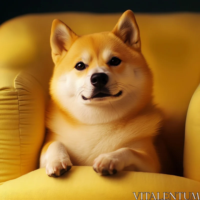 Serene Shiba Inu on Bright Yellow Couch AI Image