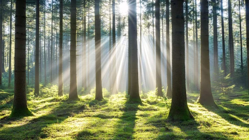 Peaceful Woodland with Sunrays and Mossy Floor