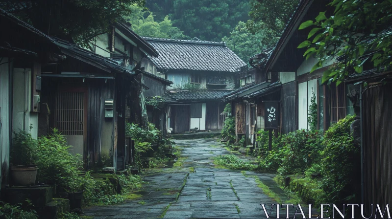 Serene Rainy Village Street with Historic Wooden Homes AI Image