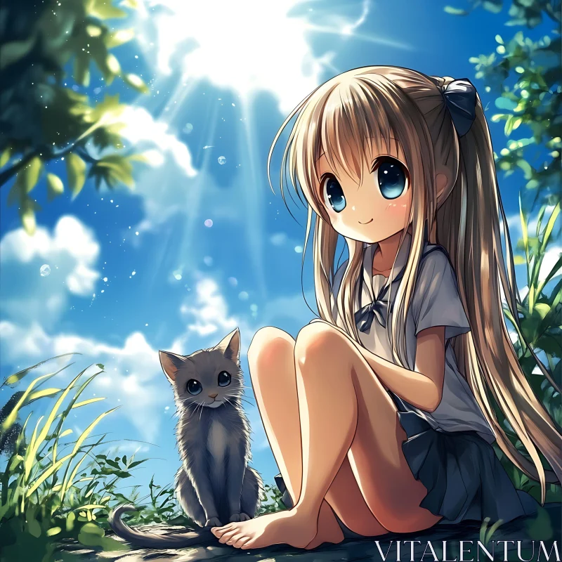 Sunlit Anime Girl with Cat AI Image