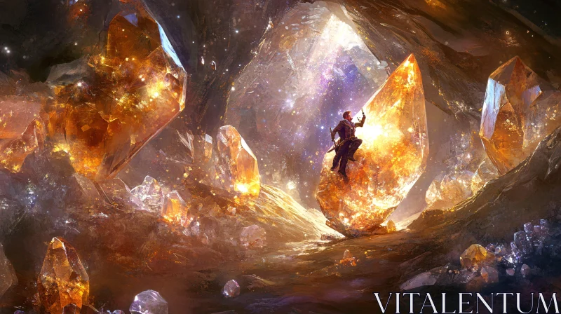 Man on Crystal: Fantasy Cave Scene AI Image