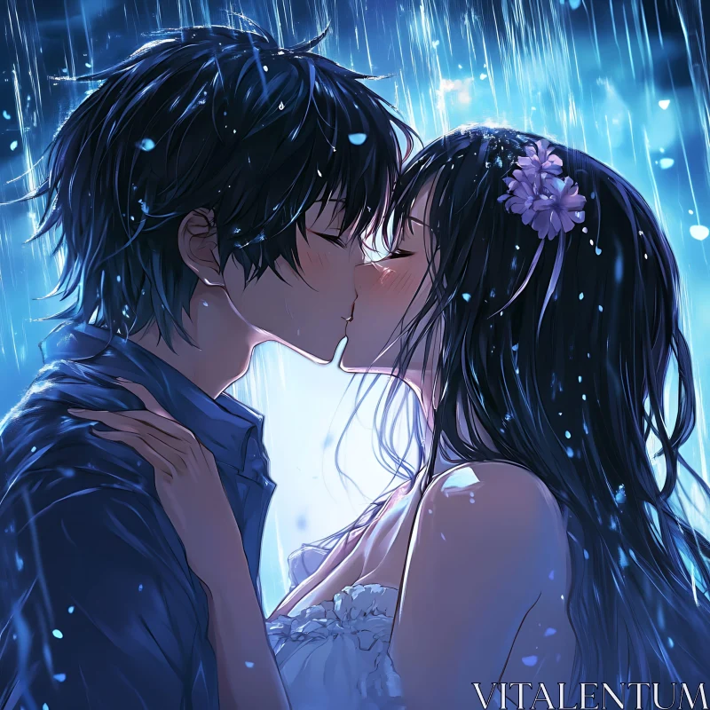 Anime Lovers' Rainy Kiss AI Image