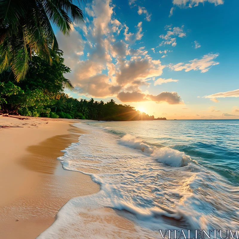 Coastal Sunset with Palm Trees AI Image