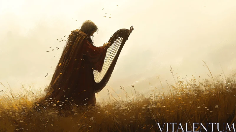 Golden Field Harpist Illustration AI Image