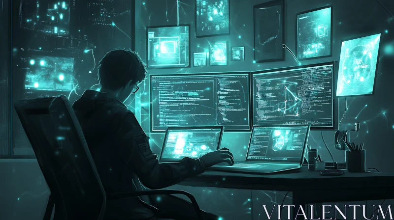 Coder Surrounded by Screens AI Image