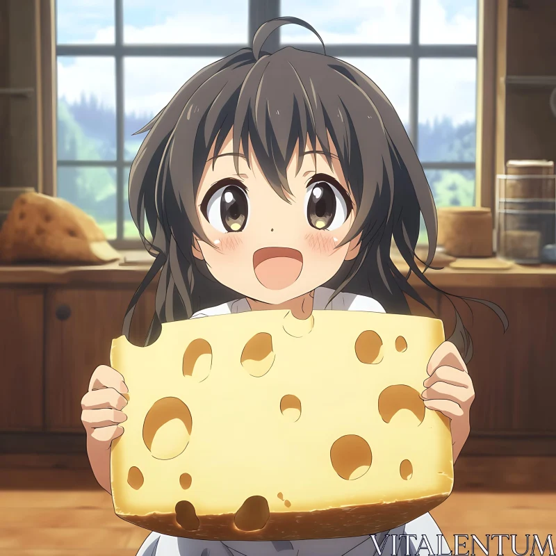 Joyful Anime Girl with Cheese in Rustic Kitchen AI Image