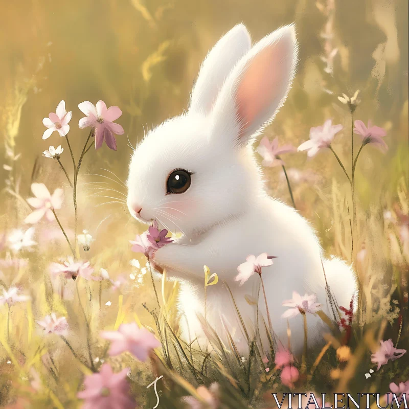 White Rabbit with Pink Flowers AI Image