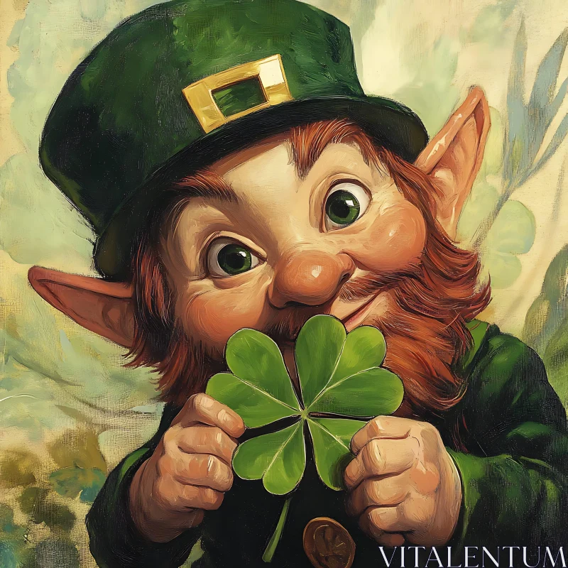 AI ART Smiling Leprechaun Holding Four-Leaf Clover